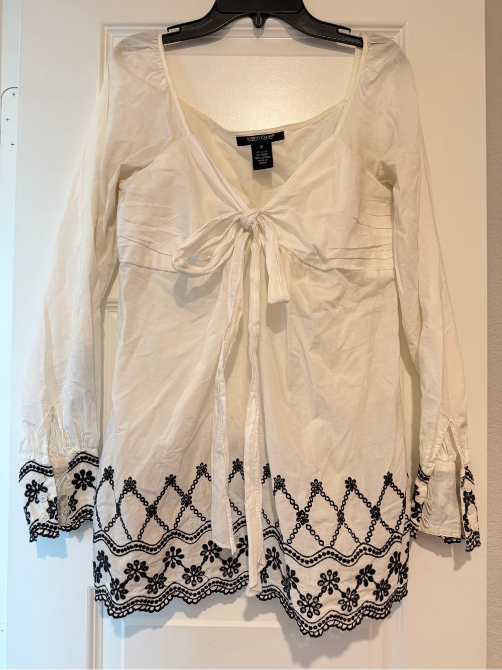 Karen Kane White Black Embroidered Tie Front Tunic Blouse Small 100% Cotton Boho